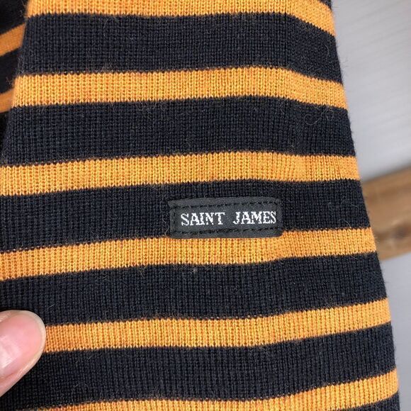 Saint JAMES MADEMOISELLE Wool Blend Orange Black Stripe Sweater Bow Appliques Sz - Picture 8 of 9